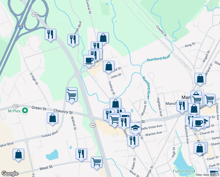 map of restaurants, bars, coffee shops, grocery stores, and more near 335 Central Street in Mansfield