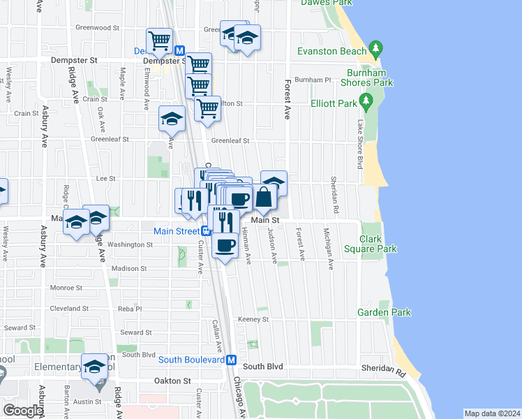 map of restaurants, bars, coffee shops, grocery stores, and more near 910 Judson Avenue in Evanston