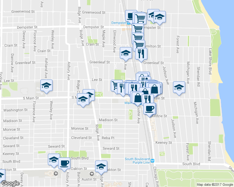 map of restaurants, bars, coffee shops, grocery stores, and more near 912 Elmwood Avenue in Evanston