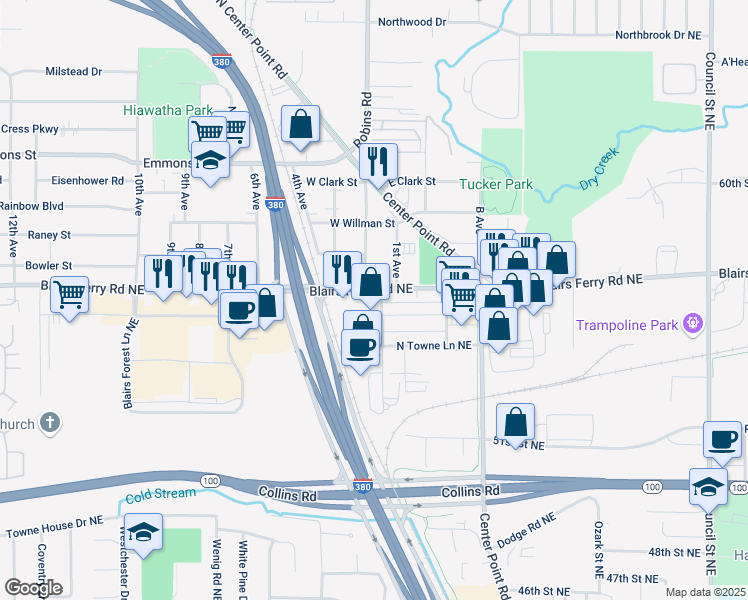 map of restaurants, bars, coffee shops, grocery stores, and more near 101 Blairs Ferry Road Northeast in Cedar Rapids