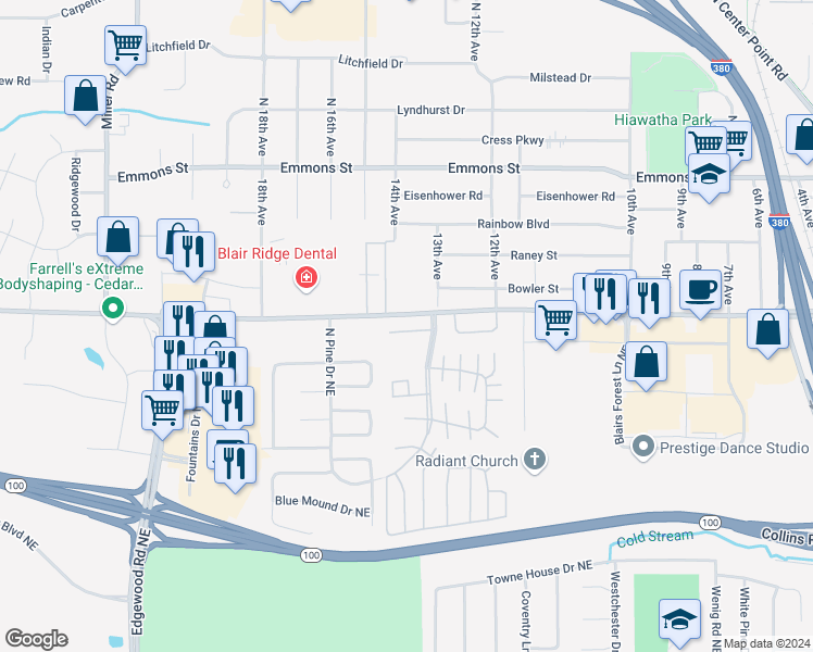 map of restaurants, bars, coffee shops, grocery stores, and more near 3432 Hemlock Place Northeast in Cedar Rapids