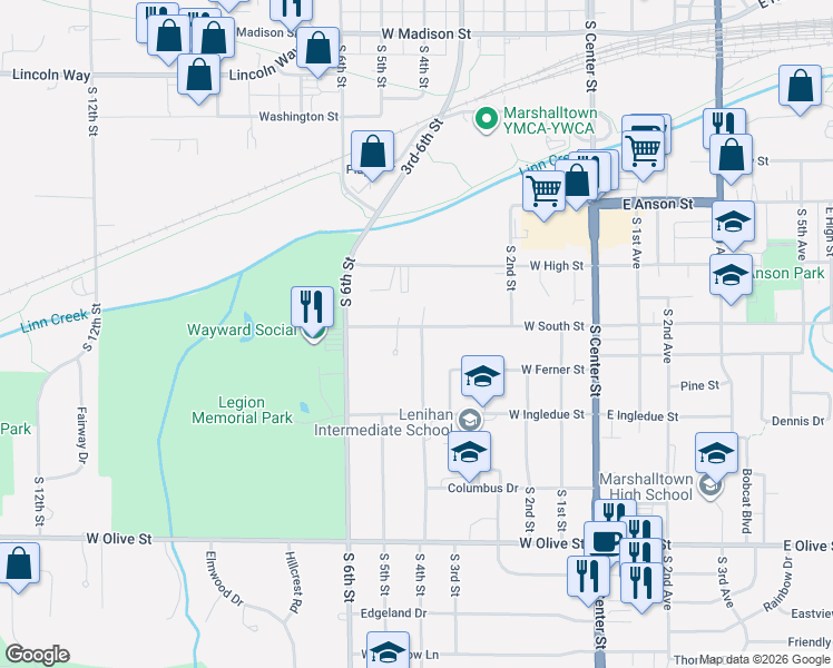 map of restaurants, bars, coffee shops, grocery stores, and more near 312 West South Street in Marshalltown