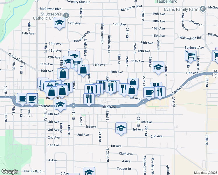 map of restaurants, bars, coffee shops, grocery stores, and more near 801 22nd Street in Marion