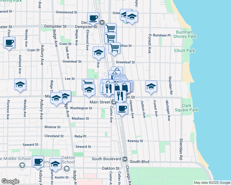 map of restaurants, bars, coffee shops, grocery stores, and more near 525 Main Street in Evanston