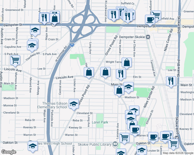 map of restaurants, bars, coffee shops, grocery stores, and more near 5328 Lincoln Avenue in Skokie