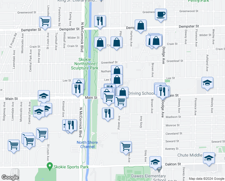 map of restaurants, bars, coffee shops, grocery stores, and more near 2320 Bradley Place in Evanston