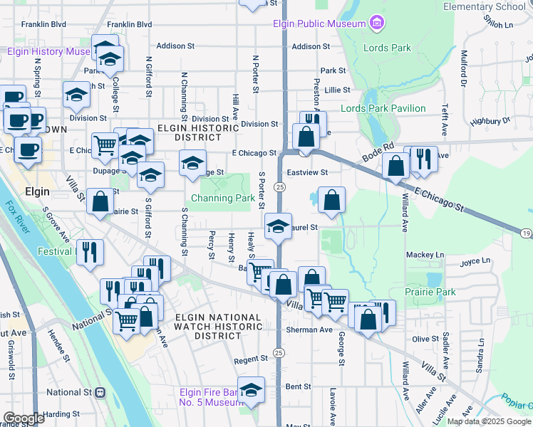 map of restaurants, bars, coffee shops, grocery stores, and more near 153 South Porter Street in Elgin