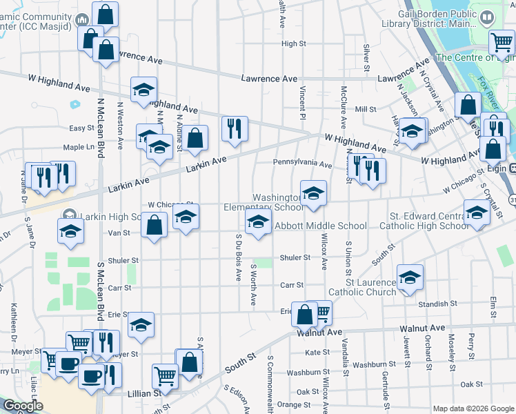 map of restaurants, bars, coffee shops, grocery stores, and more near 919 West Chicago Street in Elgin