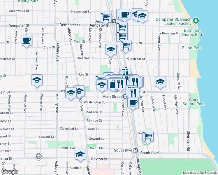 map of restaurants, bars, coffee shops, grocery stores, and more near 914 Sherman Avenue in Evanston