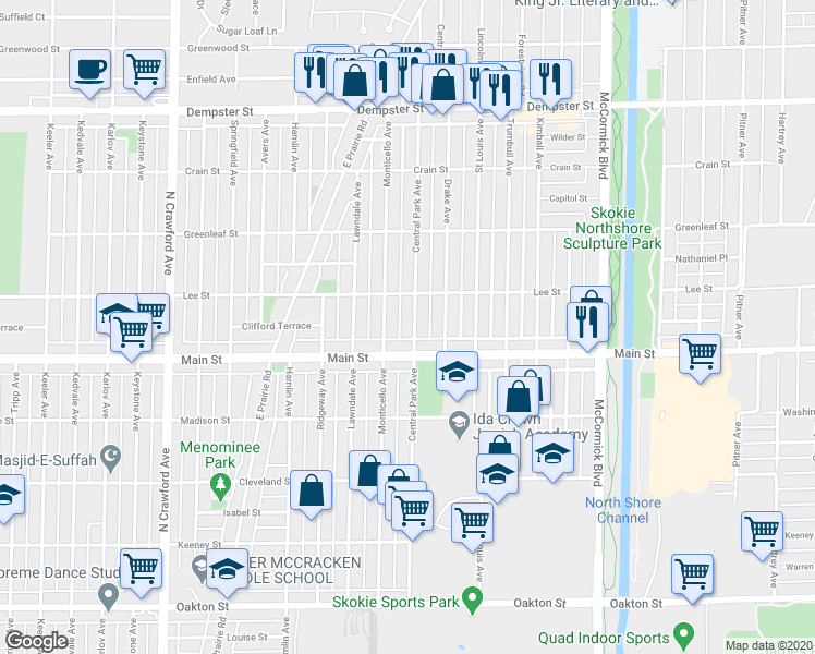 map of restaurants, bars, coffee shops, grocery stores, and more near 8424 Central Park Avenue in Skokie