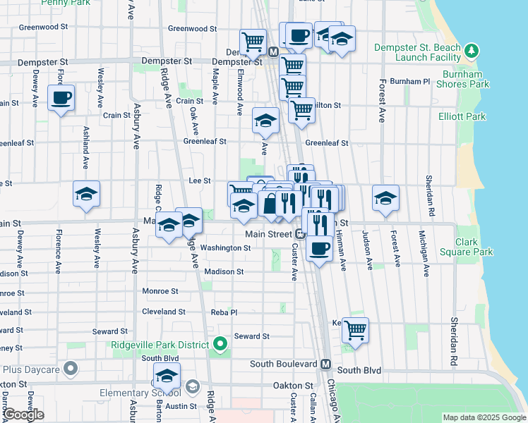map of restaurants, bars, coffee shops, grocery stores, and more near 914 Sherman Avenue in Evanston