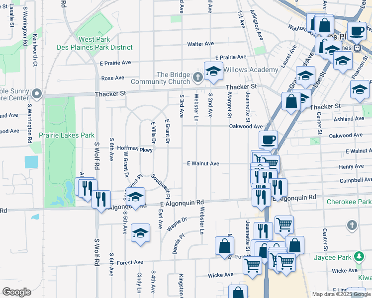 map of restaurants, bars, coffee shops, grocery stores, and more near 1001 South 3rd Avenue in Des Plaines