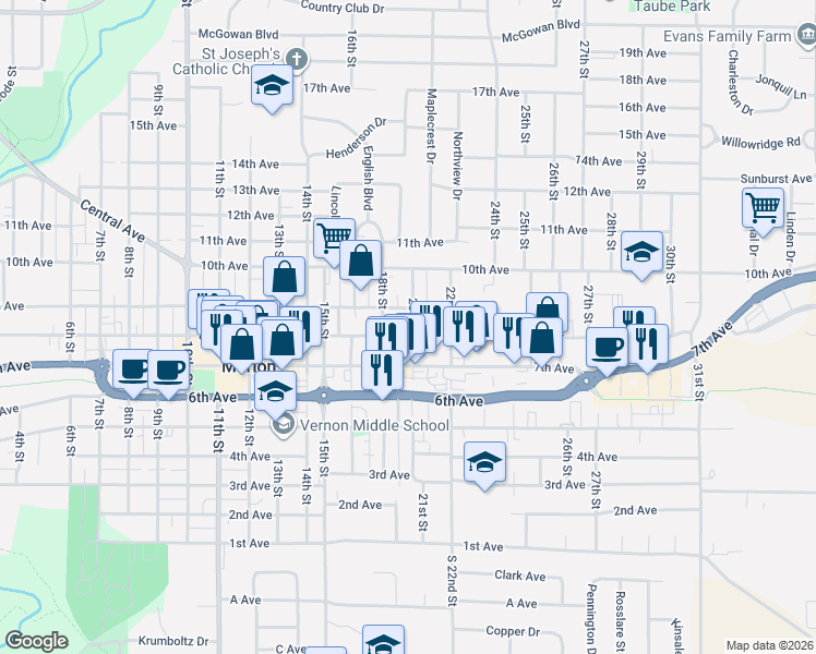 map of restaurants, bars, coffee shops, grocery stores, and more near 2020 8th Avenue in Marion