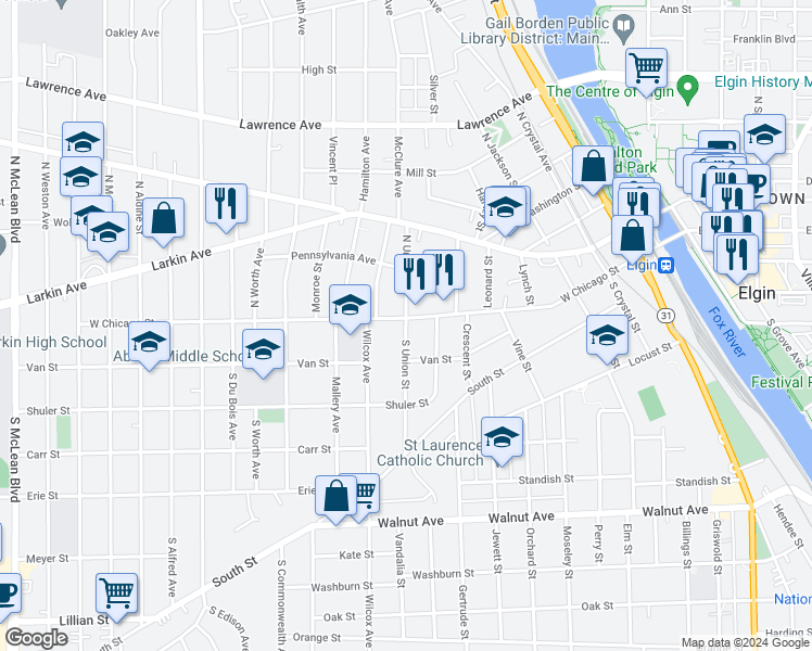 map of restaurants, bars, coffee shops, grocery stores, and more near 6 South Union Street in Elgin