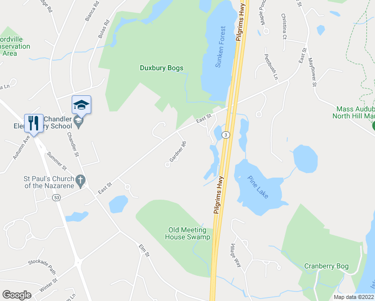 map of restaurants, bars, coffee shops, grocery stores, and more near 25 Gardner Road in Duxbury