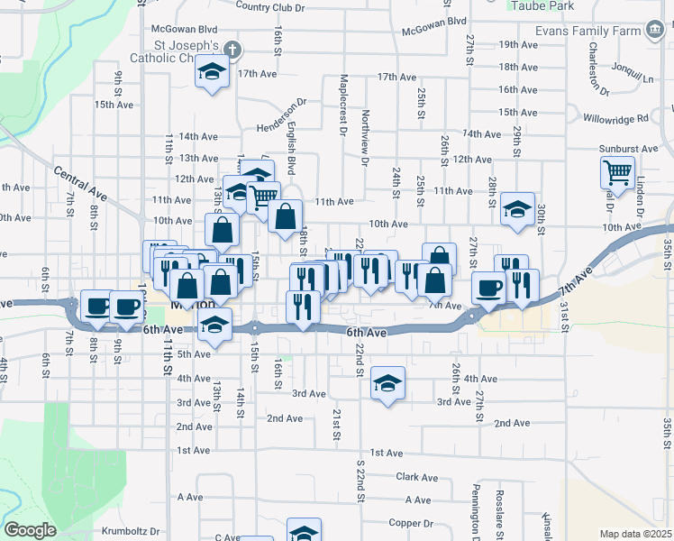 map of restaurants, bars, coffee shops, grocery stores, and more near 2020 8th Avenue in Marion