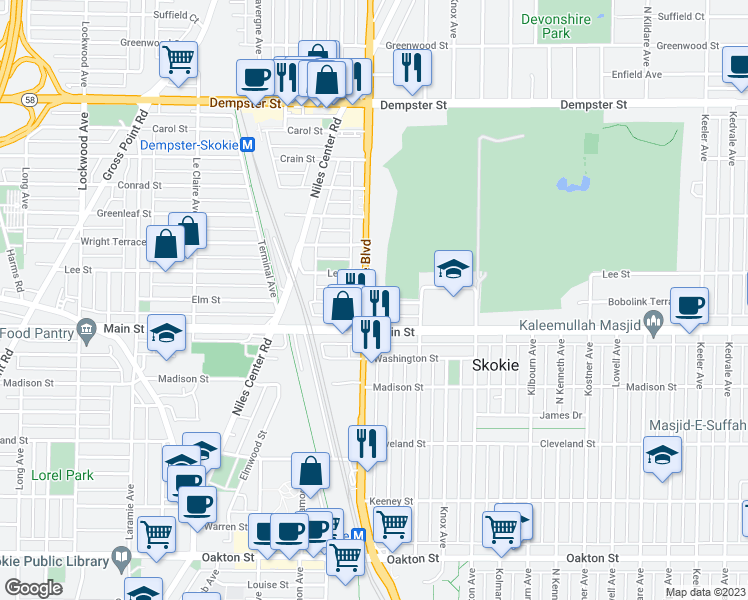 map of restaurants, bars, coffee shops, grocery stores, and more near 4750 Elm Terrace in Skokie