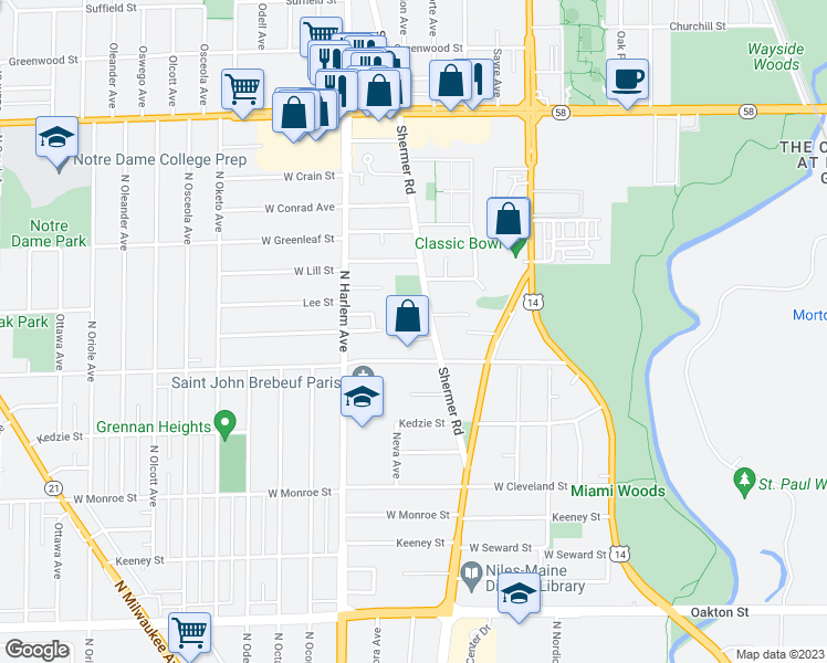 map of restaurants, bars, coffee shops, grocery stores, and more near 8450 North Shermer Road in Niles