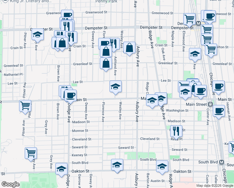 map of restaurants, bars, coffee shops, grocery stores, and more near 911 Ashland Avenue in Evanston