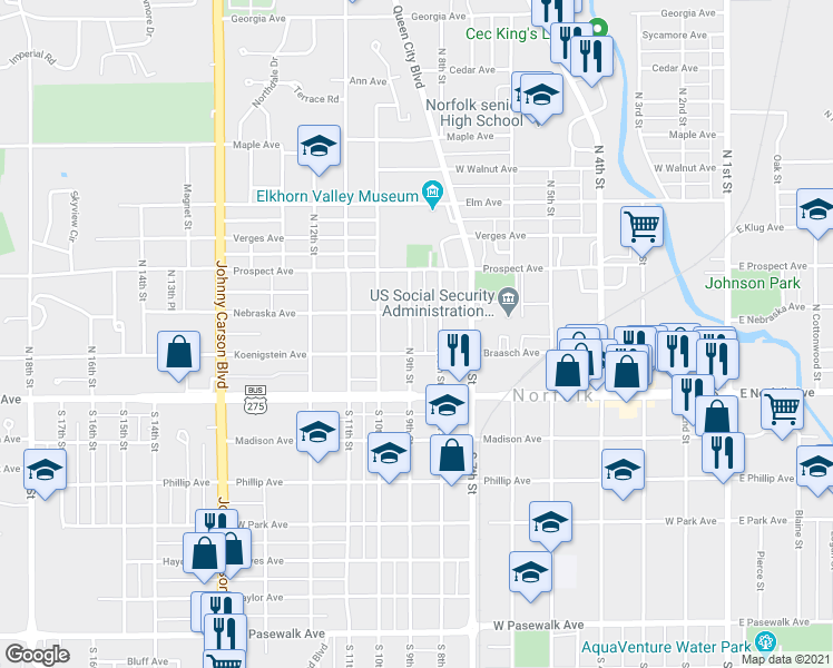 map of restaurants, bars, coffee shops, grocery stores, and more near 206 North 9th Street in Norfolk