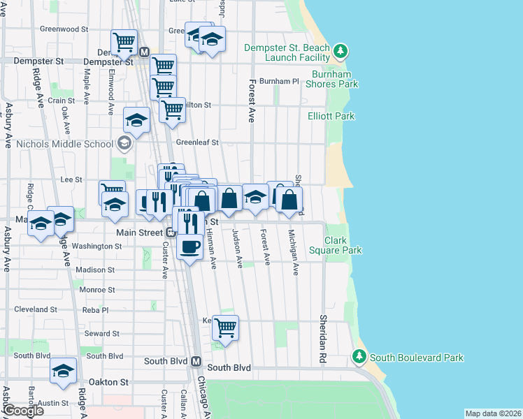 map of restaurants, bars, coffee shops, grocery stores, and more near 913 Forest Avenue in Evanston
