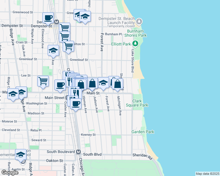map of restaurants, bars, coffee shops, grocery stores, and more near 916 Michigan Avenue in Evanston