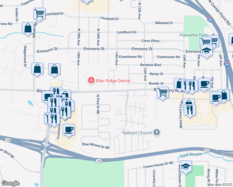 map of restaurants, bars, coffee shops, grocery stores, and more near 3432 Hemlock Place Northeast in Cedar Rapids