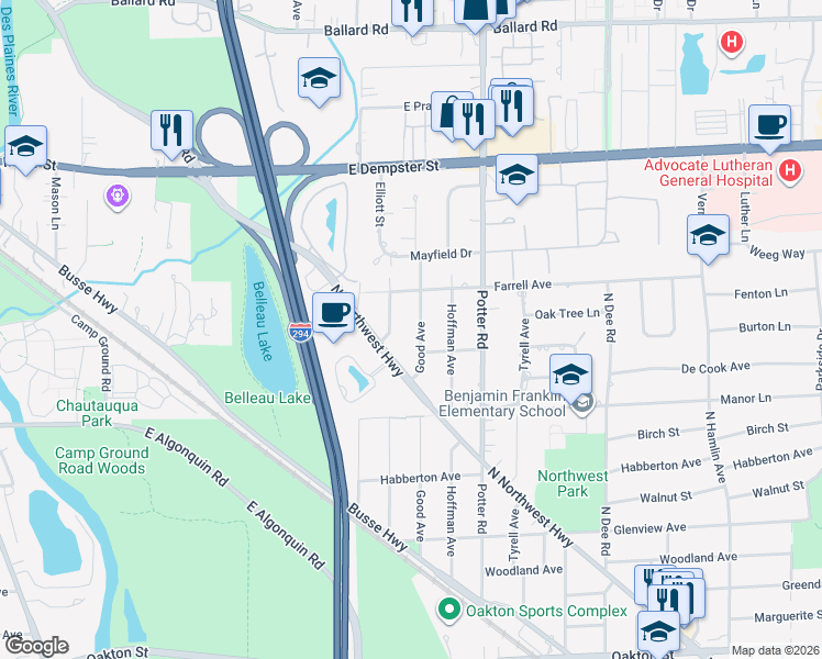 map of restaurants, bars, coffee shops, grocery stores, and more near 1512 Good Avenue in Park Ridge