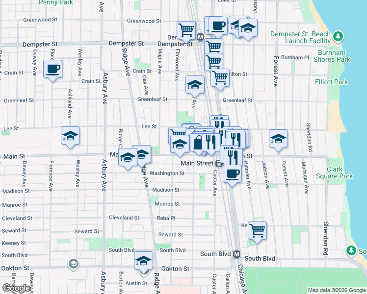 map of restaurants, bars, coffee shops, grocery stores, and more near 914 Sherman Avenue in Evanston