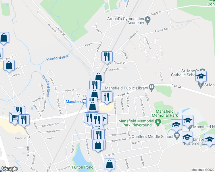 map of restaurants, bars, coffee shops, grocery stores, and more near 17 Kingman Avenue in Mansfield