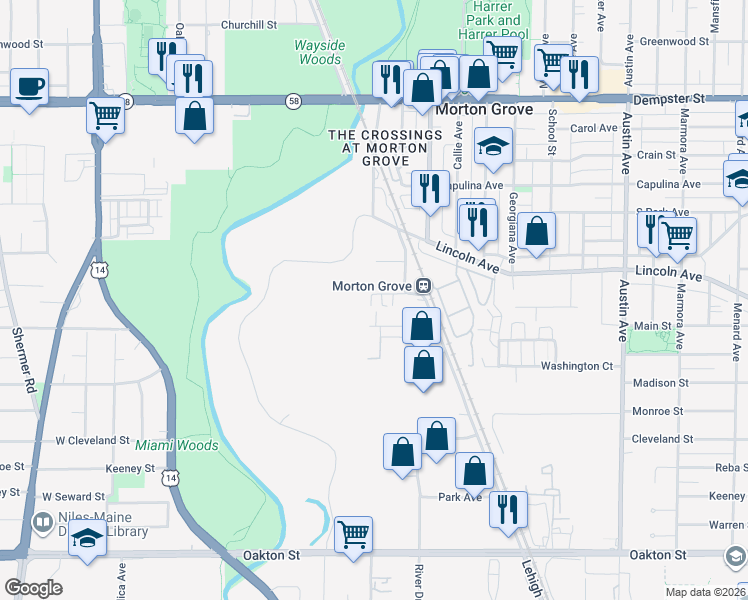 map of restaurants, bars, coffee shops, grocery stores, and more near 6427 Elm Street in Morton Grove