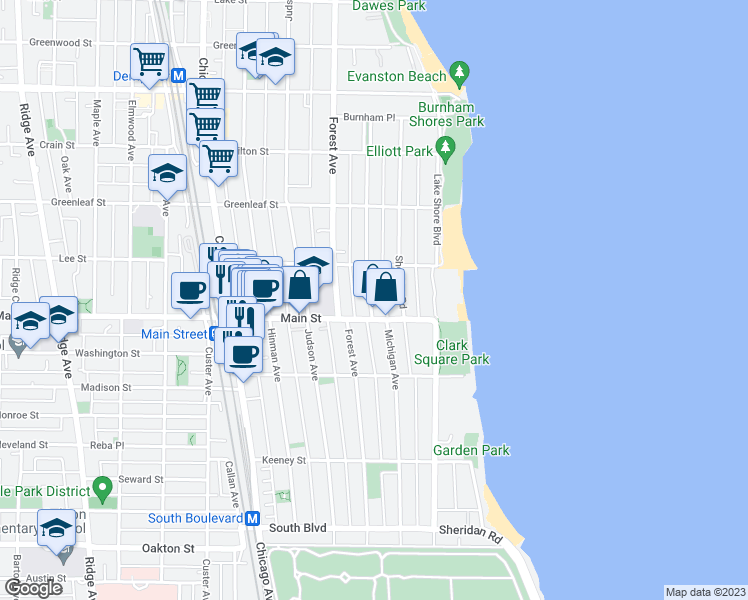 map of restaurants, bars, coffee shops, grocery stores, and more near 916 Michigan Avenue in Evanston