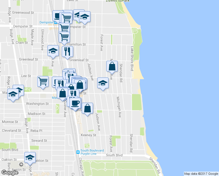 map of restaurants, bars, coffee shops, grocery stores, and more near 916 Michigan Avenue in Evanston