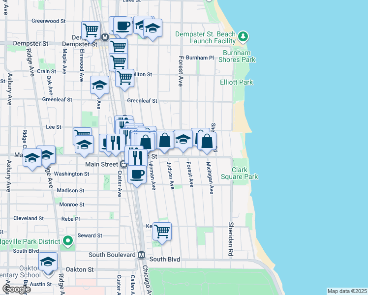 map of restaurants, bars, coffee shops, grocery stores, and more near 917 Forest Avenue in Evanston