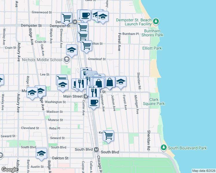 map of restaurants, bars, coffee shops, grocery stores, and more near 910 Judson Avenue in Evanston