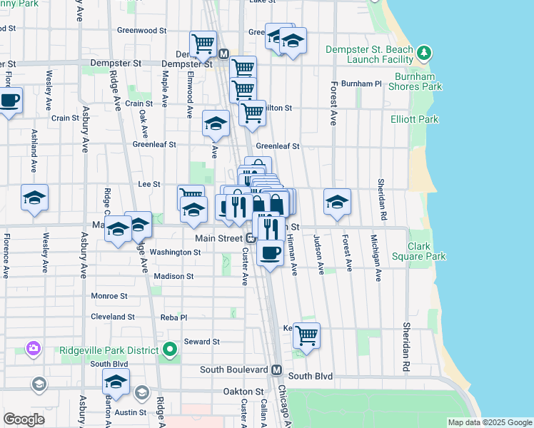 map of restaurants, bars, coffee shops, grocery stores, and more near 525 Main Street in Evanston