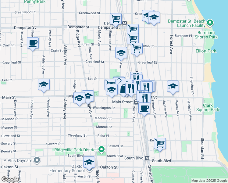 map of restaurants, bars, coffee shops, grocery stores, and more near 914 Sherman Avenue in Evanston