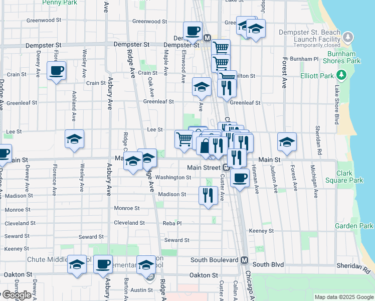 map of restaurants, bars, coffee shops, grocery stores, and more near 912 Elmwood Avenue in Evanston
