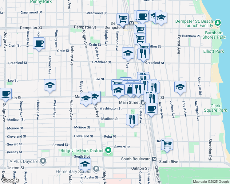 map of restaurants, bars, coffee shops, grocery stores, and more near 912 Elmwood Avenue in Evanston