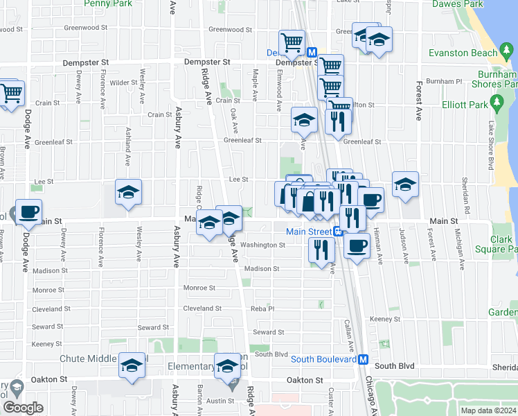 map of restaurants, bars, coffee shops, grocery stores, and more near 916 Maple Avenue in Evanston