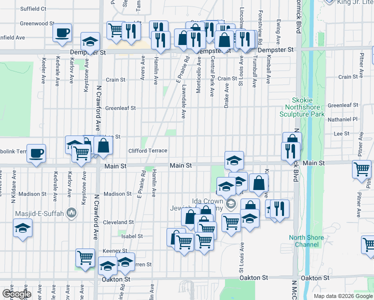 map of restaurants, bars, coffee shops, grocery stores, and more near 8426 Monticello Avenue in Skokie
