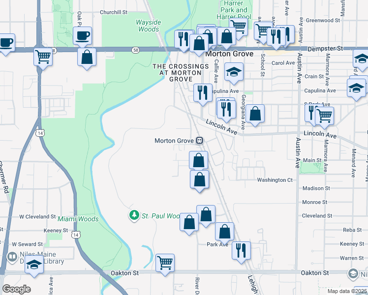 map of restaurants, bars, coffee shops, grocery stores, and more near 6347 Elm Street in Morton Grove