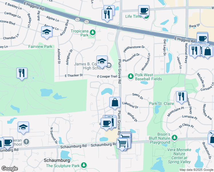map of restaurants, bars, coffee shops, grocery stores, and more near 719 Shoreline Circle in Schaumburg
