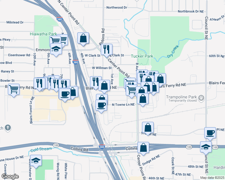 map of restaurants, bars, coffee shops, grocery stores, and more near 2121 Blairs Ferry Road Northeast in Cedar Rapids