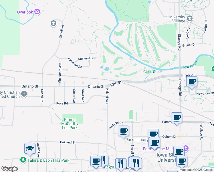 map of restaurants, bars, coffee shops, grocery stores, and more near 2803 Ontario Street in Ames