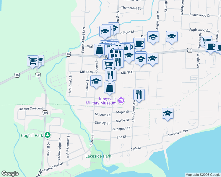 map of restaurants, bars, coffee shops, grocery stores, and more near 98 Division Street South in Kingsville