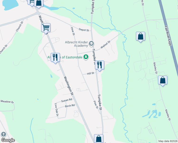 map of restaurants, bars, coffee shops, grocery stores, and more near 6 Hill Street in Easton
