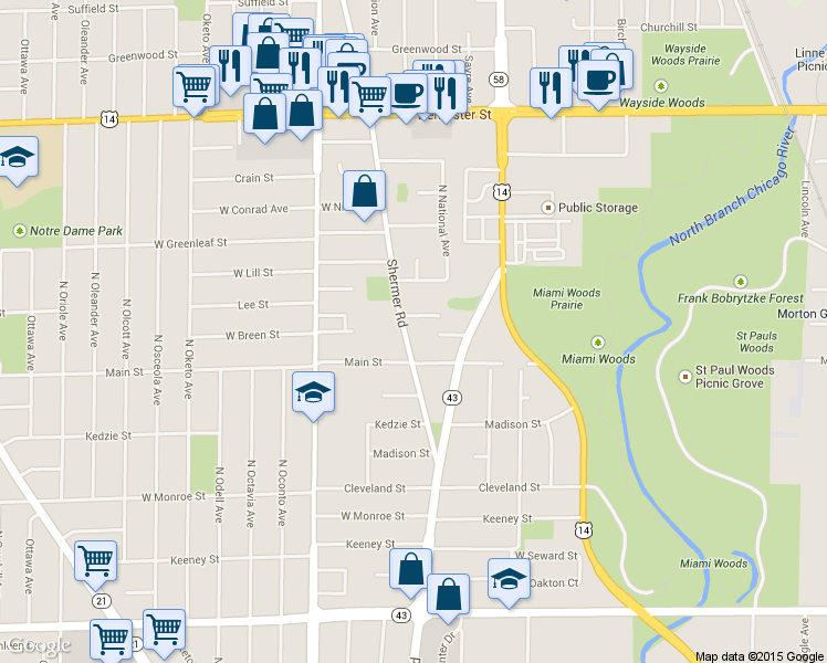 map of restaurants, bars, coffee shops, grocery stores, and more near 8433 North Shermer Road in Niles