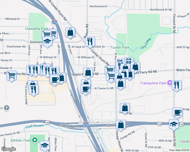 map of restaurants, bars, coffee shops, grocery stores, and more near 2121 Blairs Ferry Road Northeast in Cedar Rapids