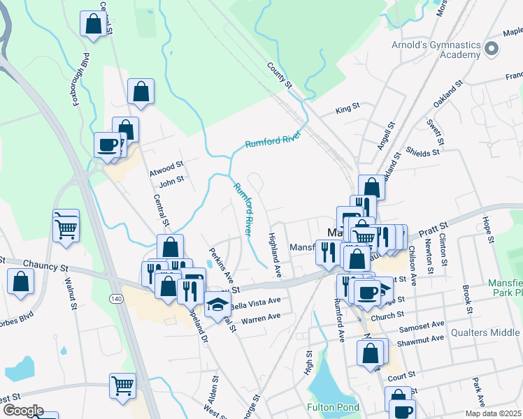 map of restaurants, bars, coffee shops, grocery stores, and more near 88 Highland Avenue in Mansfield